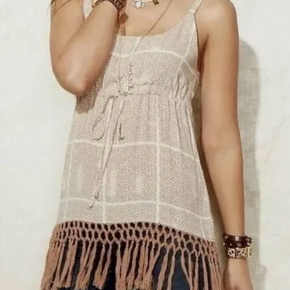 CAbi Cream and Brown Cami  Tunic with Crochet Hem- Small